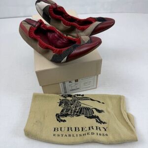 Burberry Canvas‎ Check Truville Round Toe Ballerina Flats Cadmium Red 37 US 7